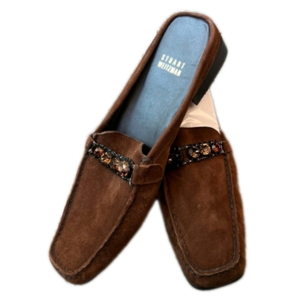 Stuart Weitzman Suede Rhinestone Loafers In Brown Size 7N - Picture 1 of 13